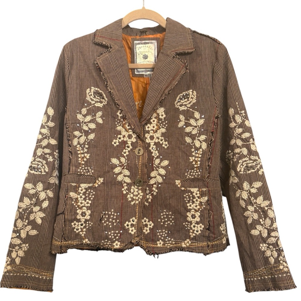 NWOT Paparazzi by Biz Floral Embroidered Tweed Boho Jacket in Brown Plaid XL